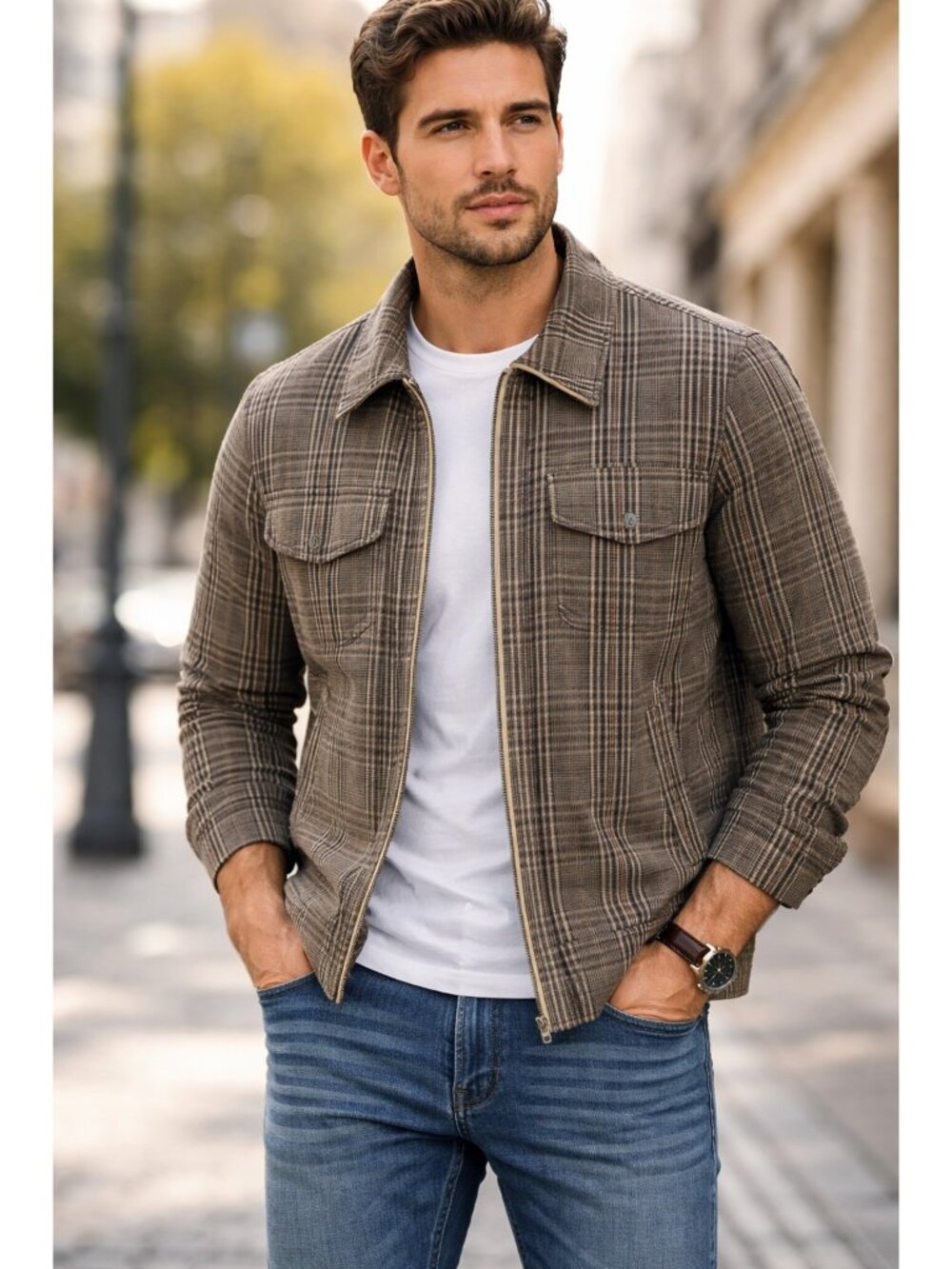 Men's Plaid Zip Up Light Jacket Casual Spring Fall Shirt Jacket Size L